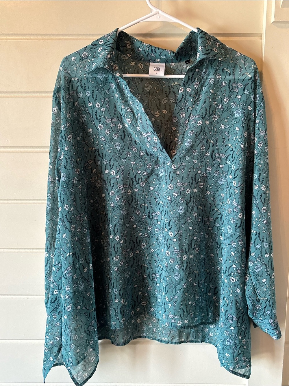 CAbi Teal Floral Split-Neck Long Sleeve Blouse